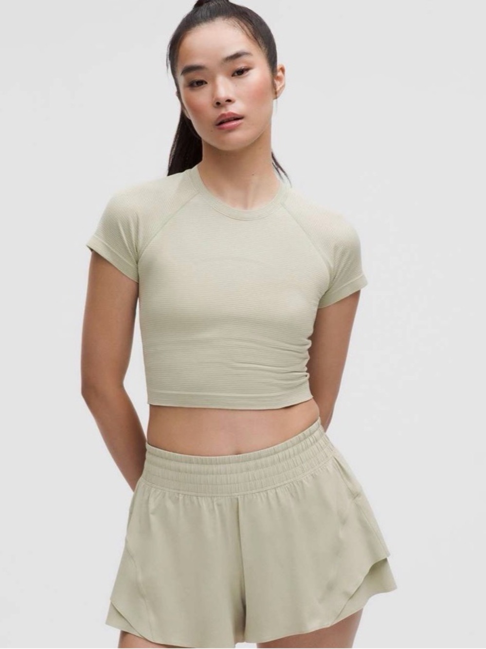 Lululemon Swiftly Tech Cropped Short-Sleeve Shirt 2.0 Spandex Stripe Fog Green